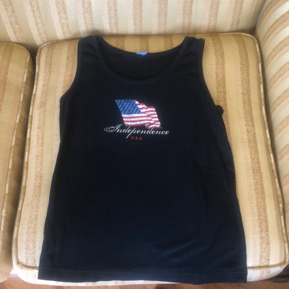 Women’s Medium Patriotic Tank Top, Independence, USA, black, red, white, & blue